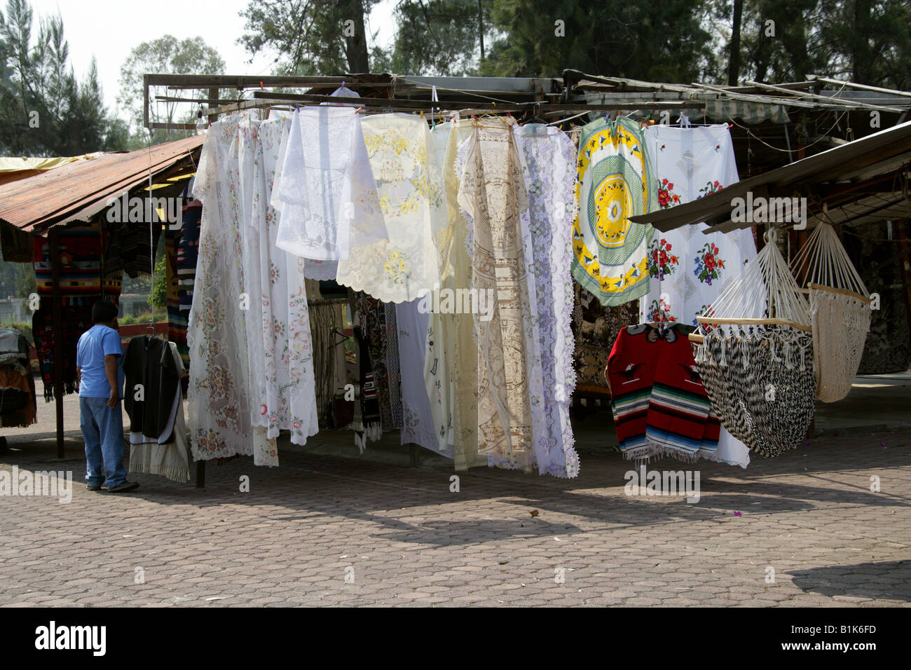 Market Stall Selling Lace Fabrics and Materials, Xochimilco, Mexico City Stock Photo