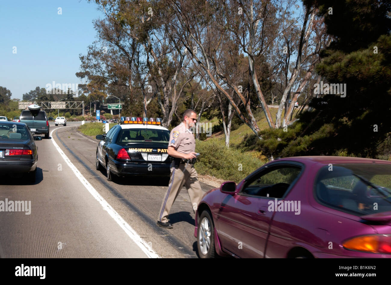 Highway Patrol Police stop vehicle on Freeway but Police have a flat