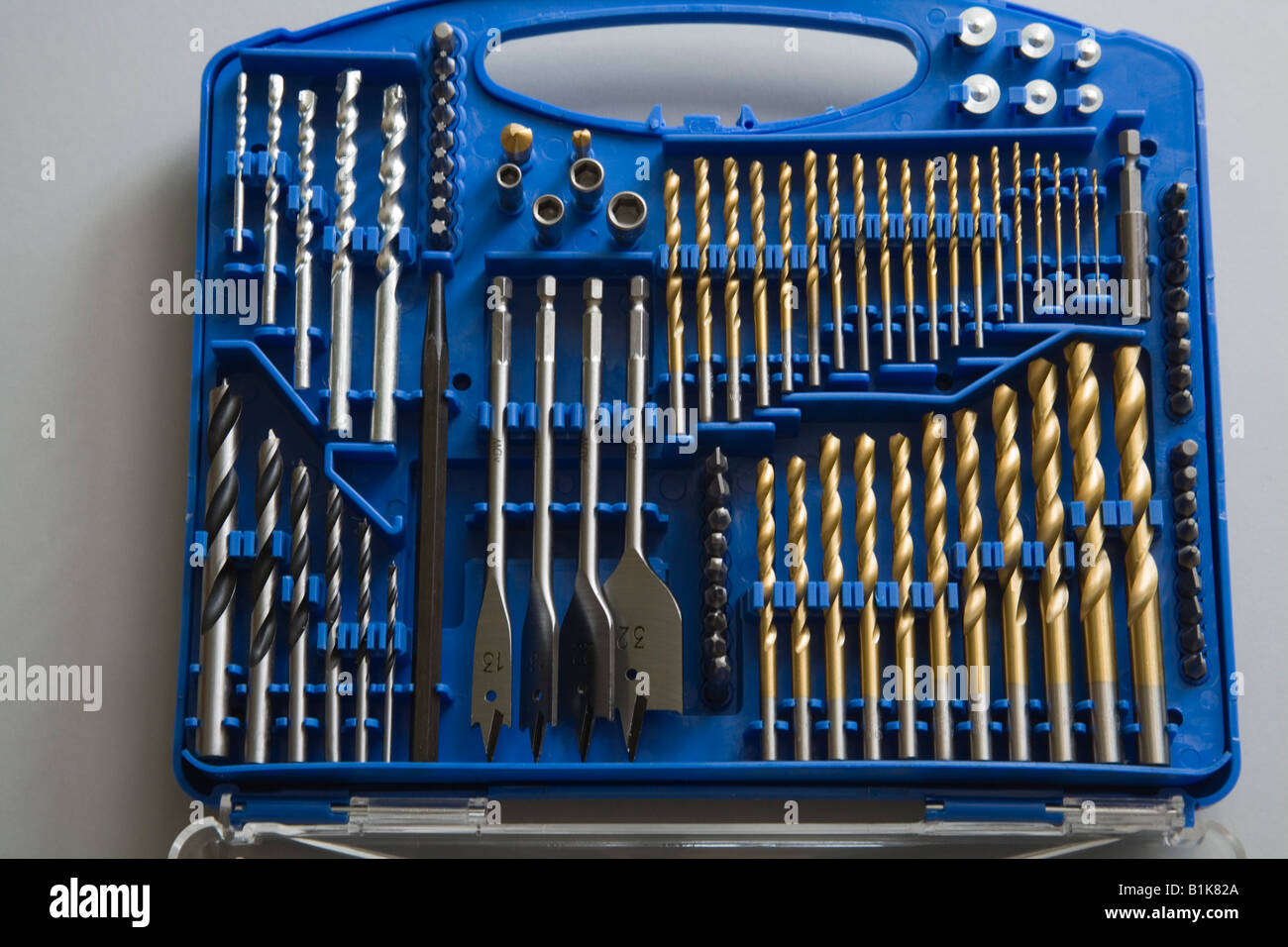 Close up A large selection of drill bits in a carrying case Stock Photo