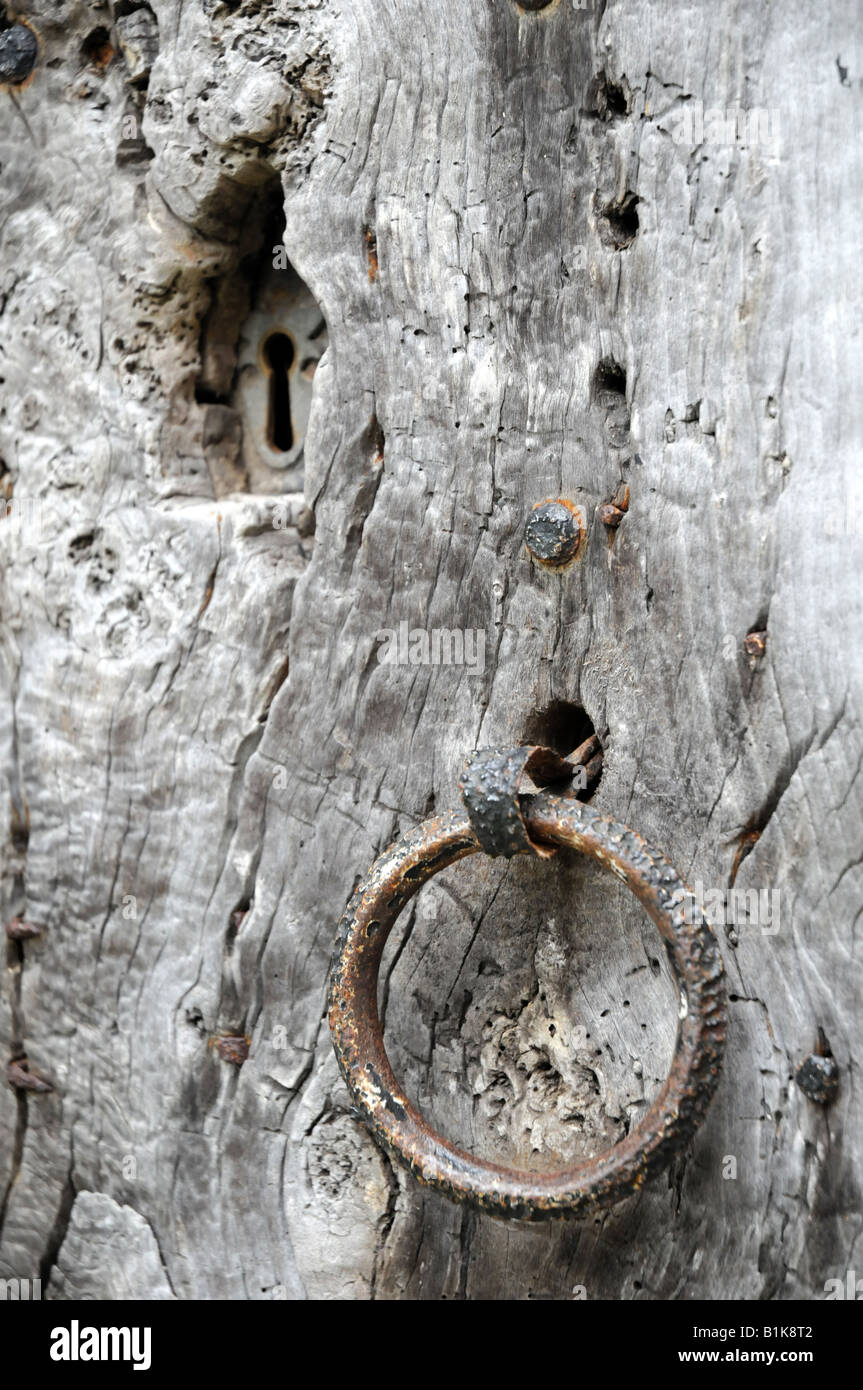 Very old wood door with key hole and ring handle, on Church of St Andrew and St Mary, Grantchester, Cambridgeshire, England, UK Stock Photo