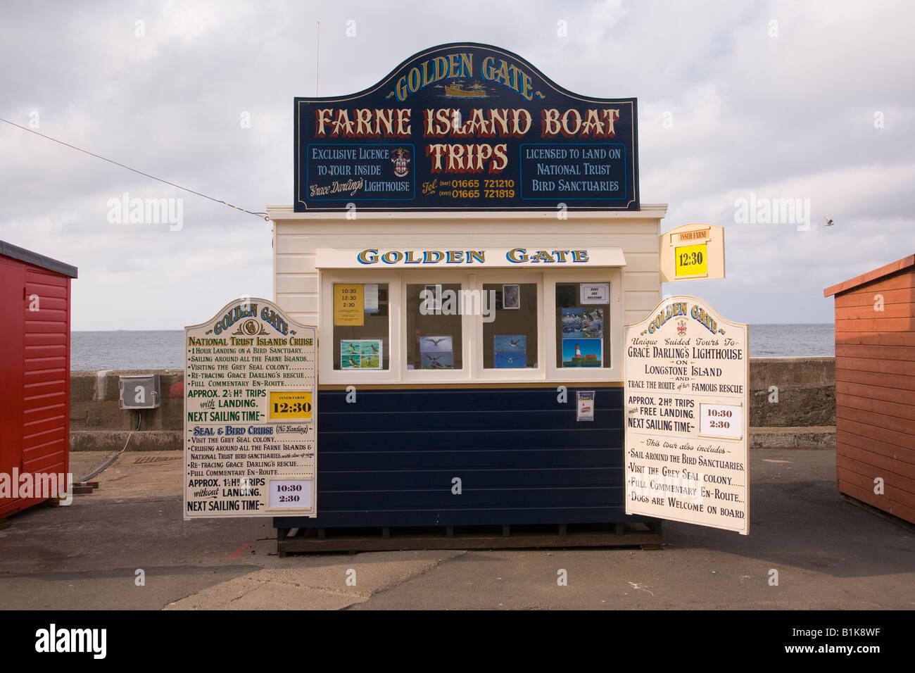 Boat trip kiosks Seahouses Northumbria England Stock Photo