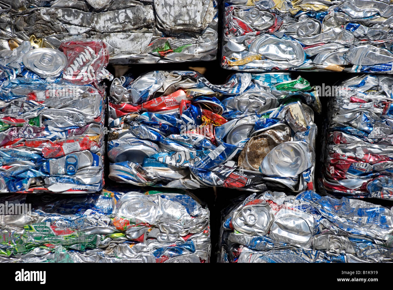 Bundle of compressed aluminum cans for recycling, close up Stock Photo