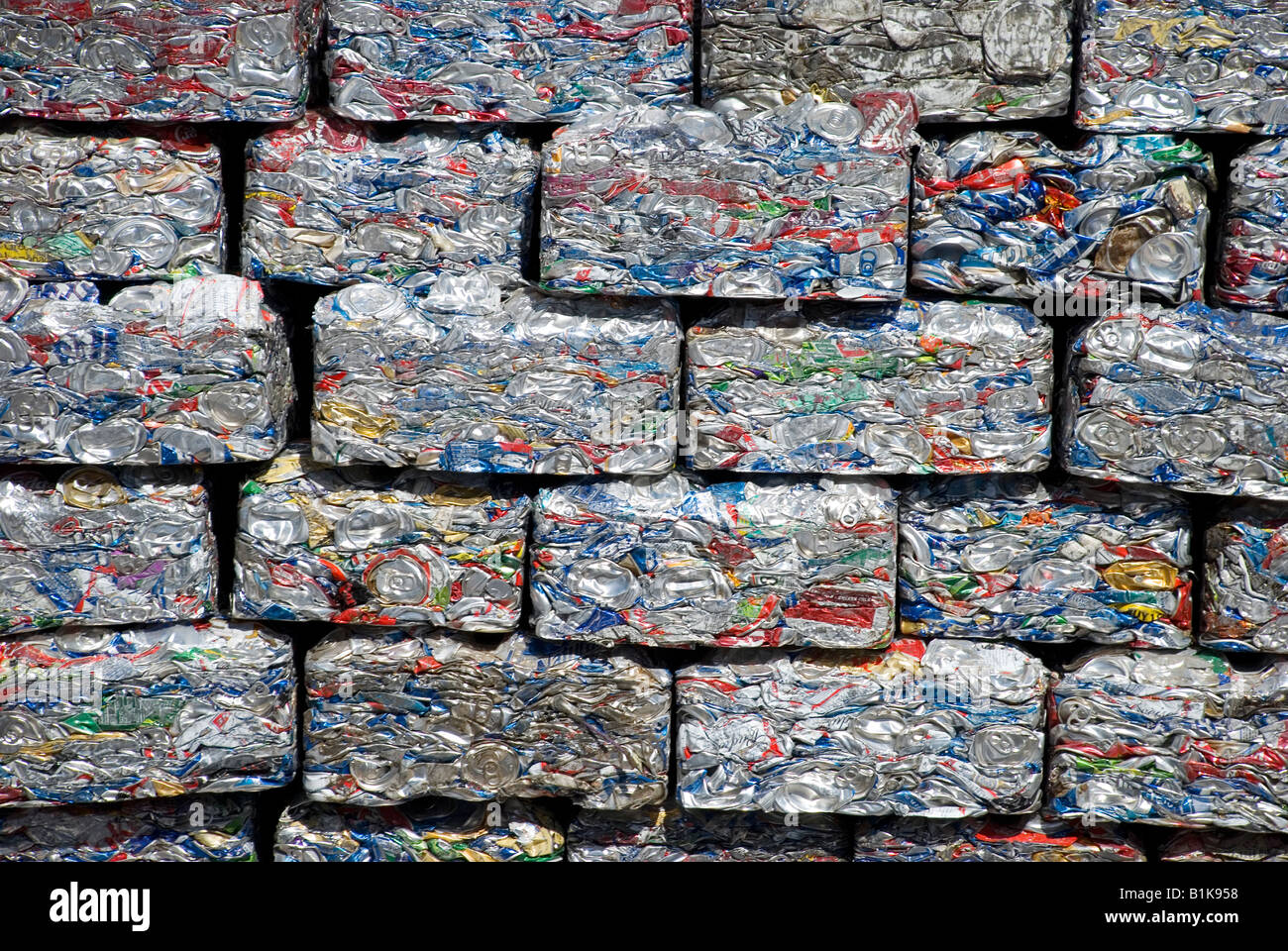 Bundle of compressed aluminum cans for recycling, close up Stock Photo