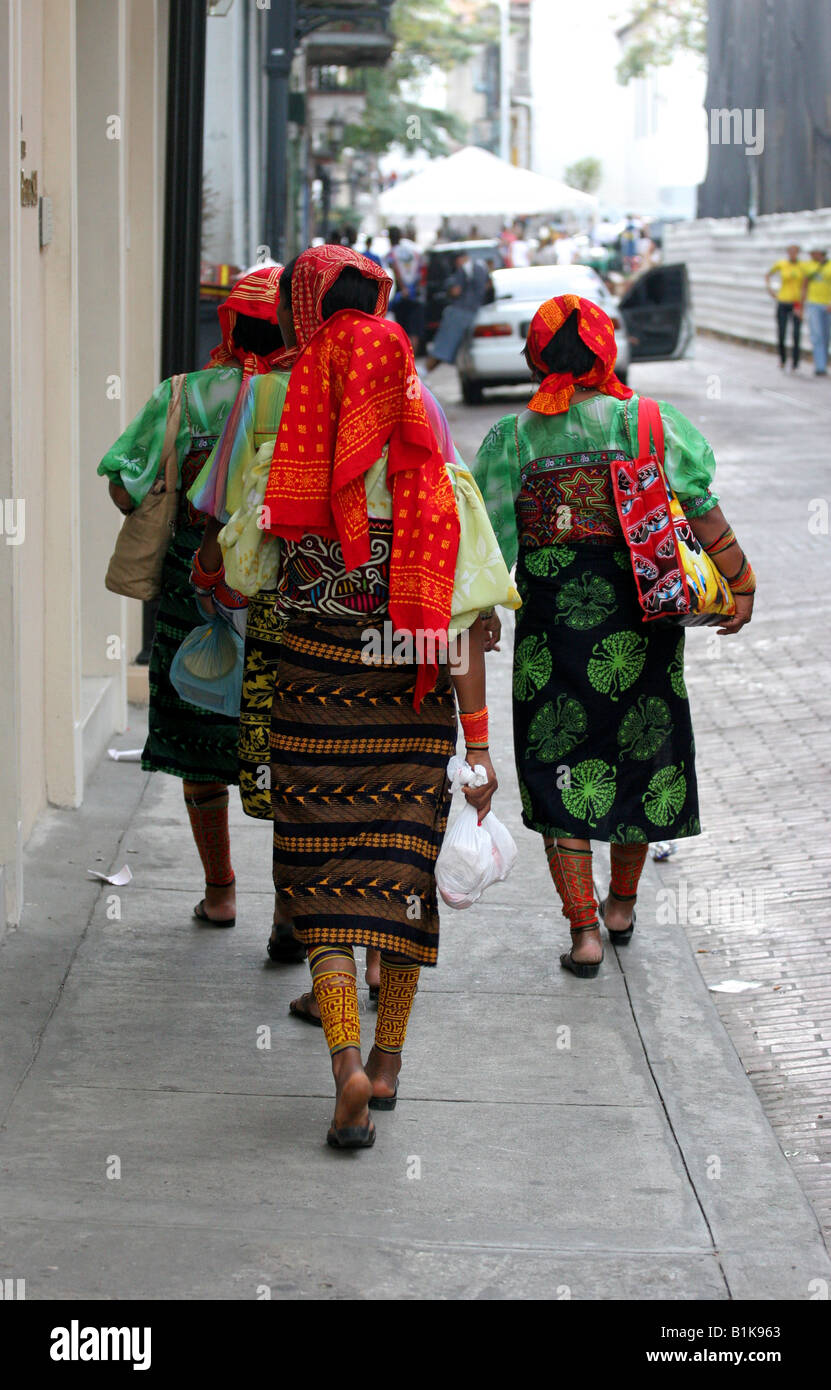 Female kuna or cuna indians walking on a street of Panama City Stock Photo
