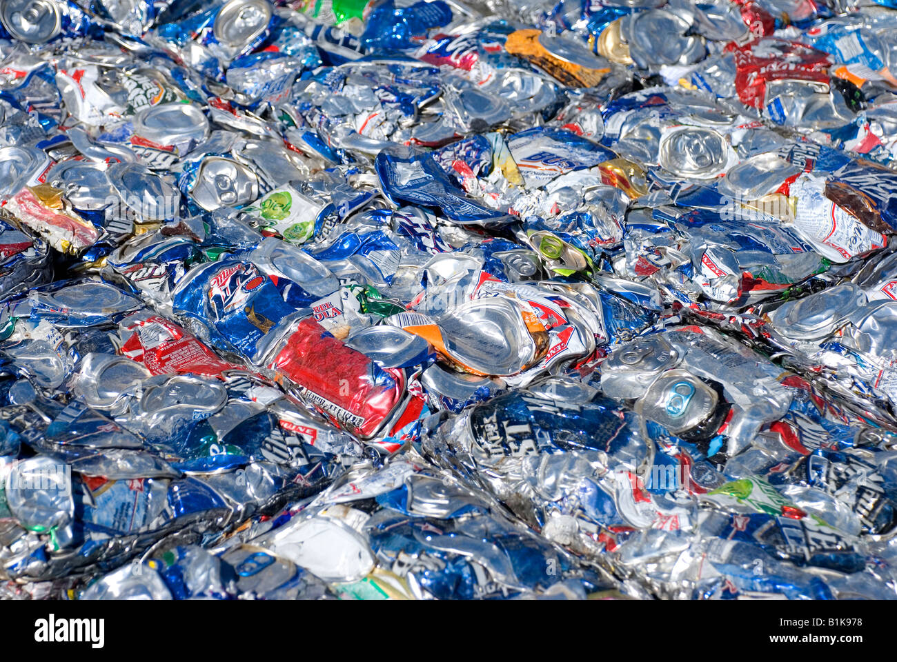Bundle of compressed aluminum cans for recycling, close up Stock Photo
