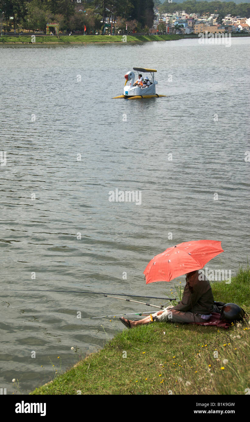 Fisherman Xuan Huong Lake Dalat Vietnam Stock Photo