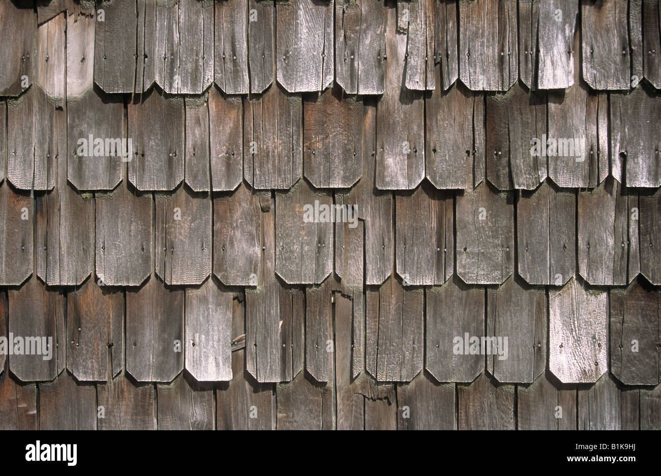 Close up of wooden shingles on traditional wooden house, Puerto Varas, Región de Los Lagos, Chile Stock Photo