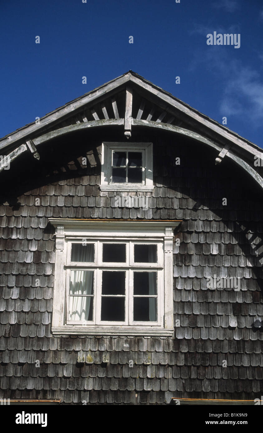 Detail of traditional wooden house with wall shingles, Puerto Varas, Región de Los Lagos, Chile Stock Photo