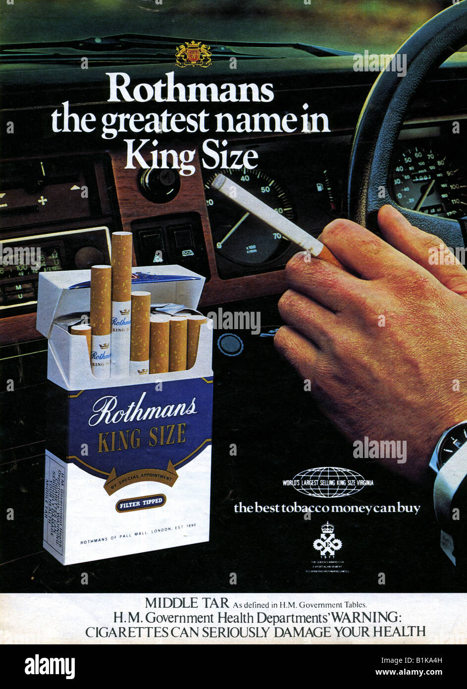 1978 Rothmans Cigarette Magazine Advertisement with Government Health Warning and Tar Level FOR EDITORIAL USE ONLY Stock Photo