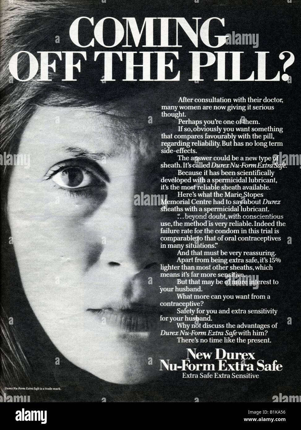 1978 magazine advertisement for Durex contraceptive sheaths condoms highlighting worries about the Pill FOR EDITORIAL USE ONLY Stock Photo
