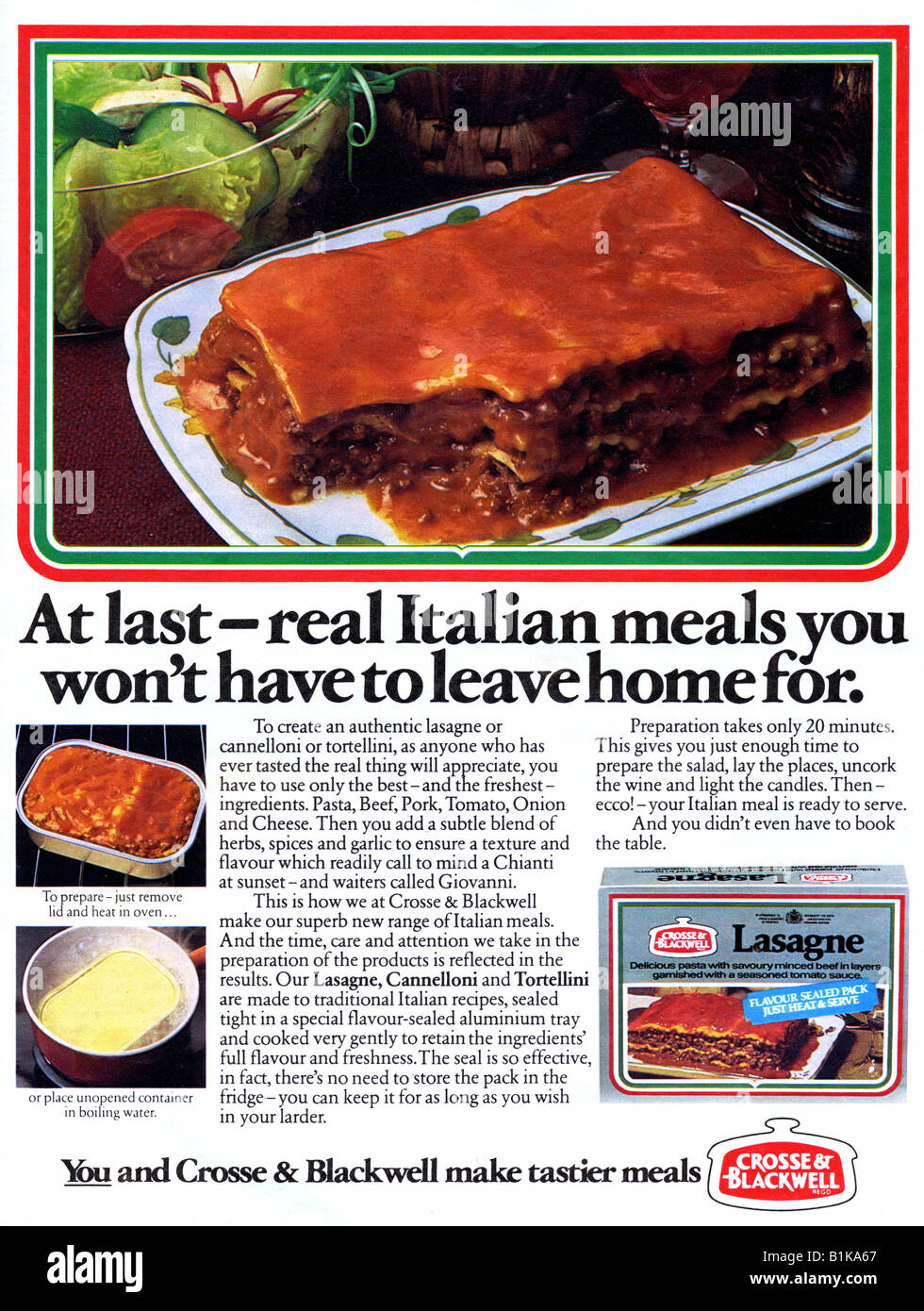 1980 advertisement for Crosse & Blackwell Italian Meals FOR EDITORIAL USE ONLY Stock Photo