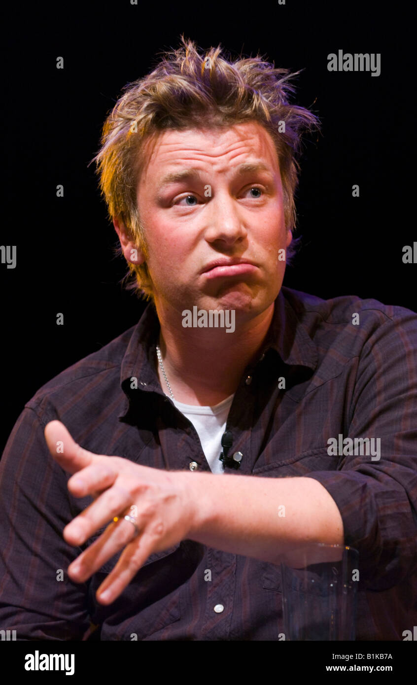 Jamie Oliver celebrity chef speaking about his life and career at Hay Festival 2008 Hay on Wye Powys Wales UK Stock Photo