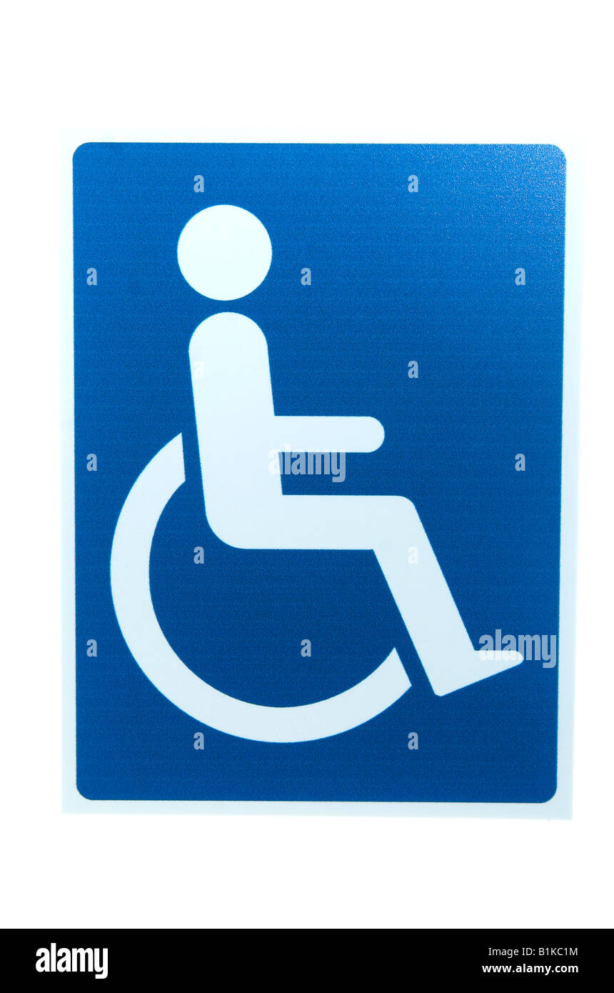 blue label sign showing disabled sign of person in wheelchair Stock