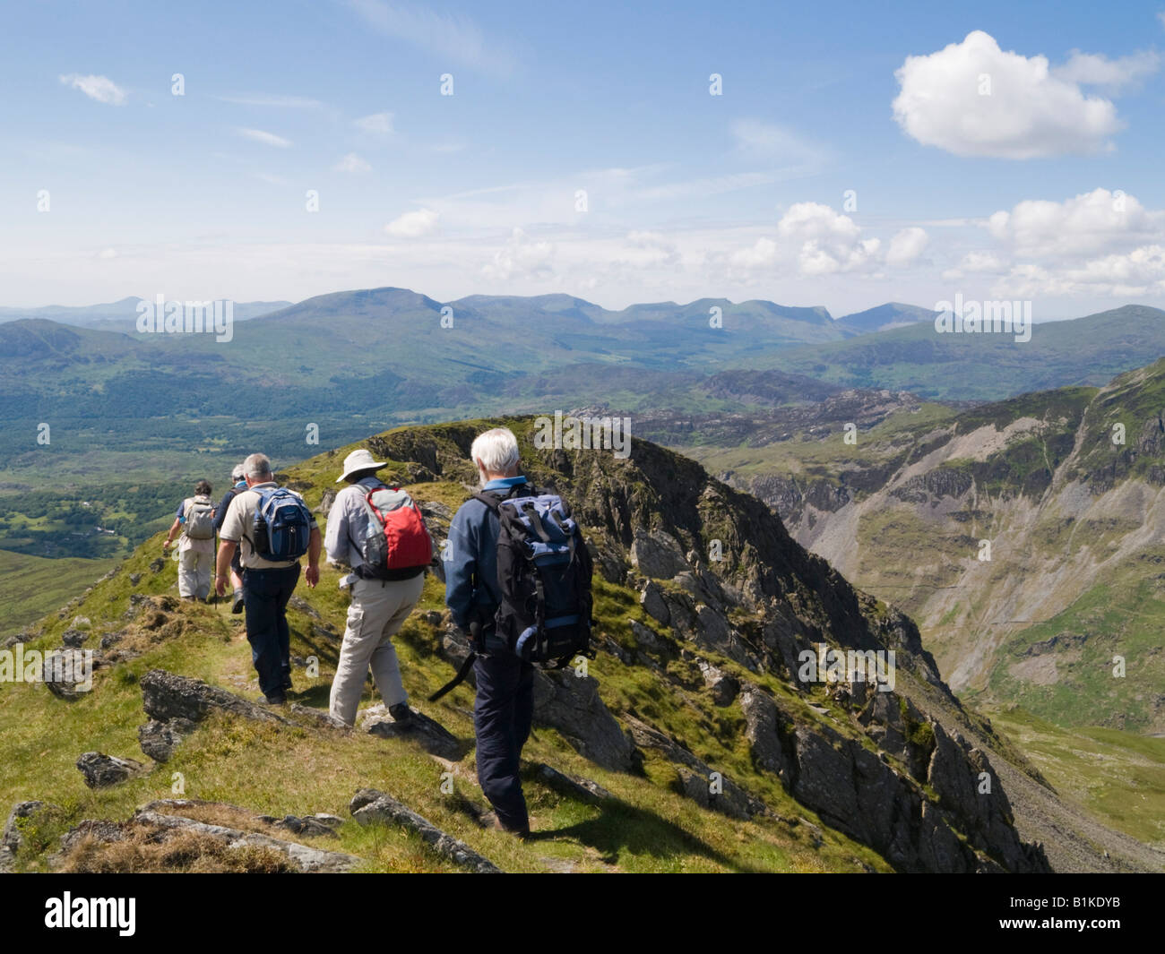 Group of Ramblers hiking on ridge path on Moelwyn Mawr in Snowdonia National Park in summer. North Wales UK Britain Stock Photo