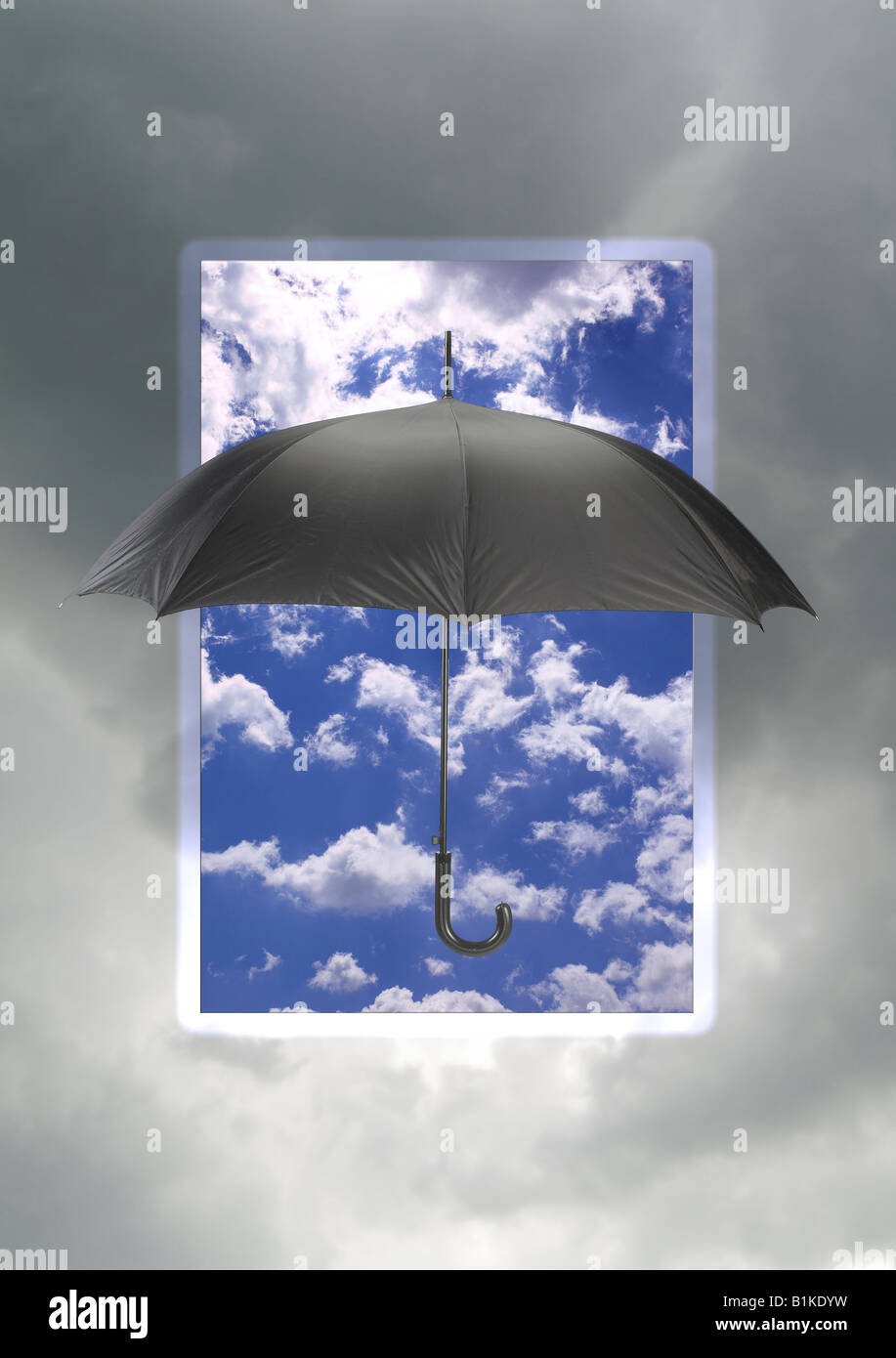 Umbrella With Dark Storm Clouds And Blue Sky Sunny Window Stock Photo