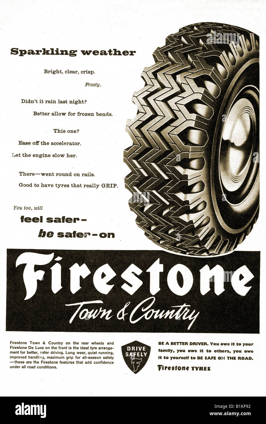 1960 advertisement for Firestone Town & Country Tyres Tires FOR EDITORIAL USE ONLY Stock Photo