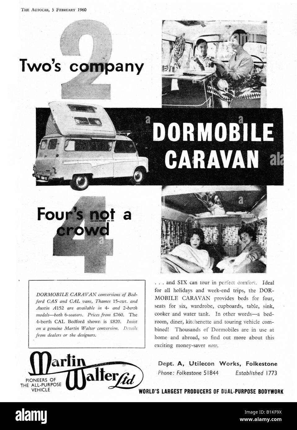 1960 advertisement for Dormobile Motorized Caravans caravanettes conversions from Bedford Vans  FOR EDITORIAL USE ONLY Stock Photo