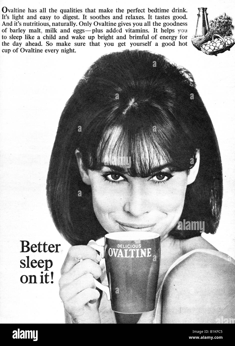 1965 Magazine Advertisement for Ovaltine Hot Drink FOR EDITORIAL USE ONLY Stock Photo