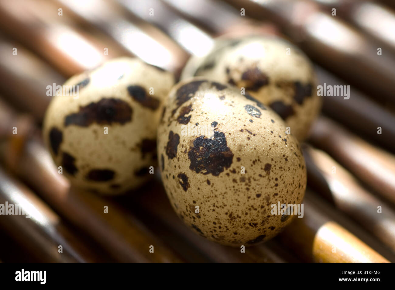 Three quail eggs on a bamboo tray Stock Photo - Alamy