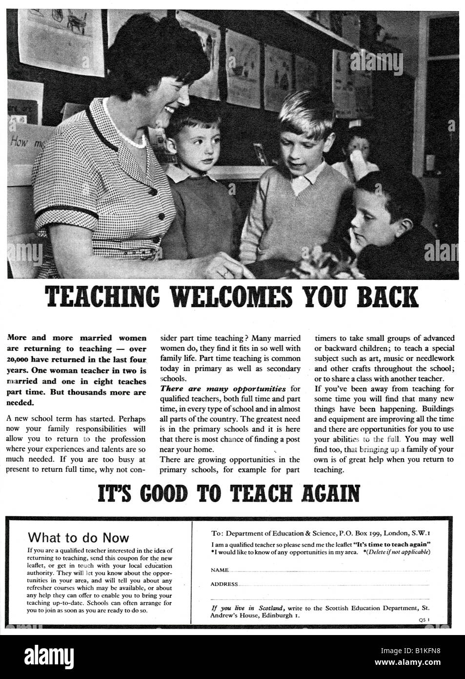 1965 Magazine Advertisement to encourage married women qualified teachers to return to teaching  FOR EDITORIAL USE ONLY Stock Photo