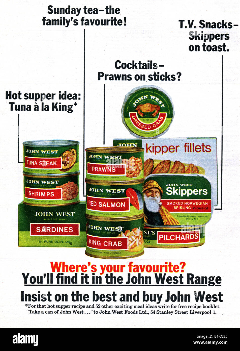 1965 Magazine Advertisement for John West Foods canned fish range FOR EDITORIAL USE ONLY Stock Photo