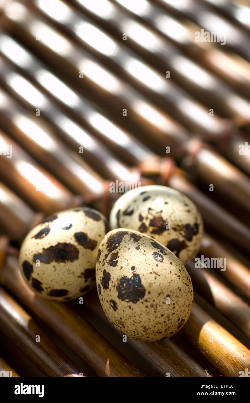 Three quail eggs on a bamboo tray Stock Photo Alamy