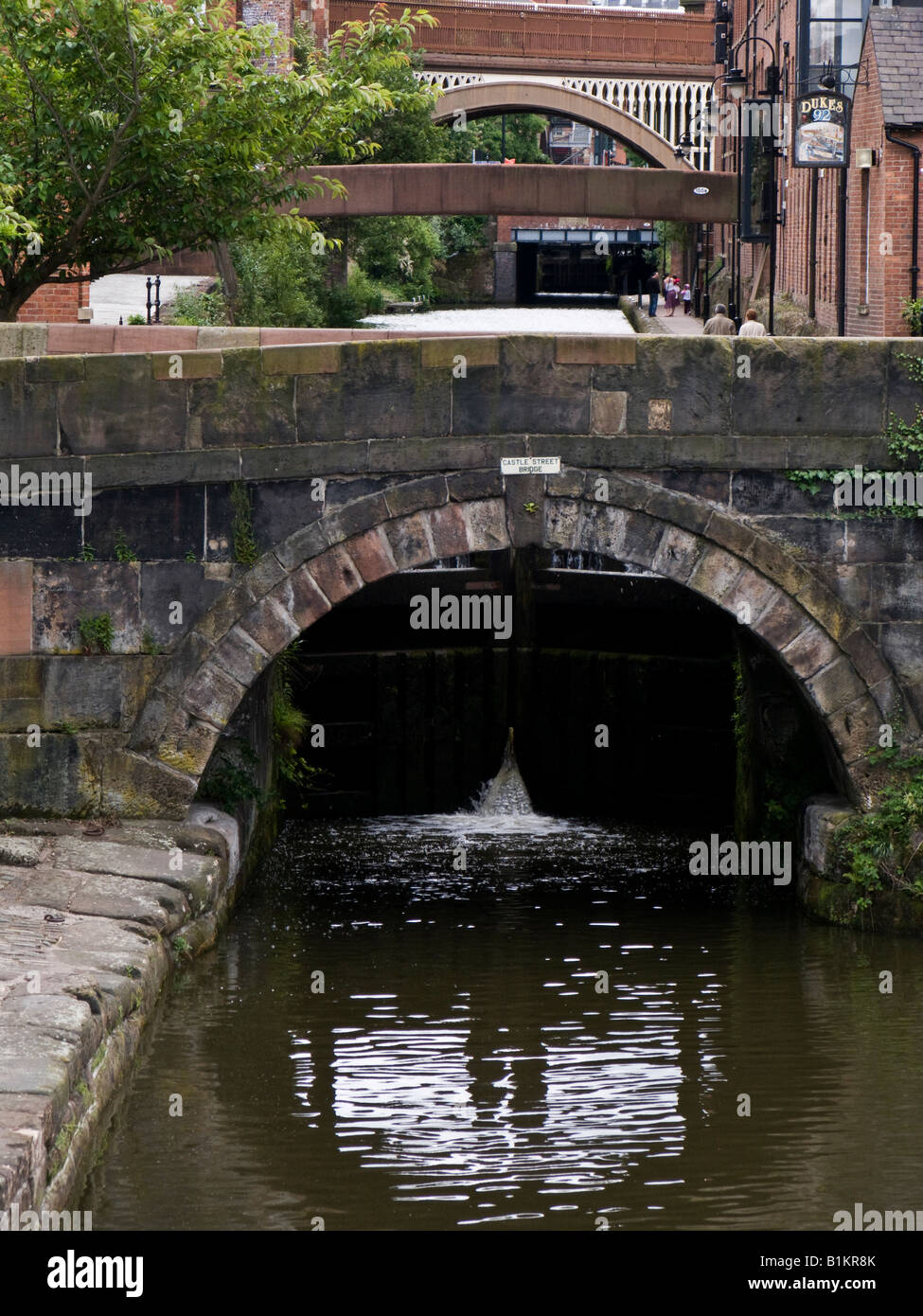 canal lock gates and footbridge in castlefield, manchester Stock Photo