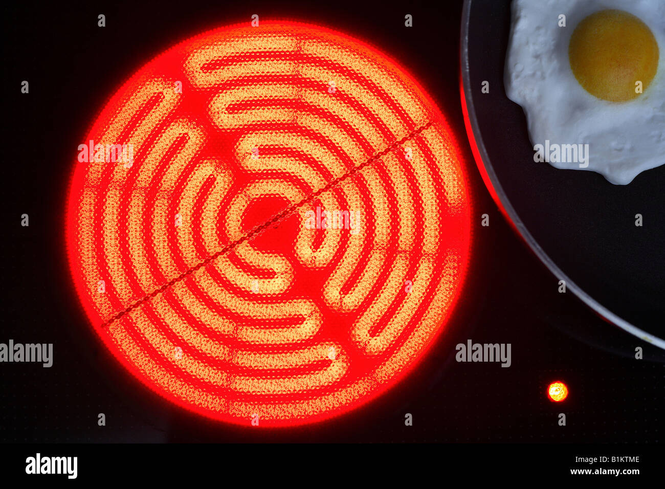 Burning hotplate of an induction cooker and a pan with fried egg Stock
