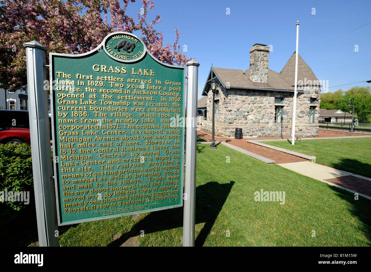 Historic train depot in Grass Lake Jackson County Michigan Stock Photo