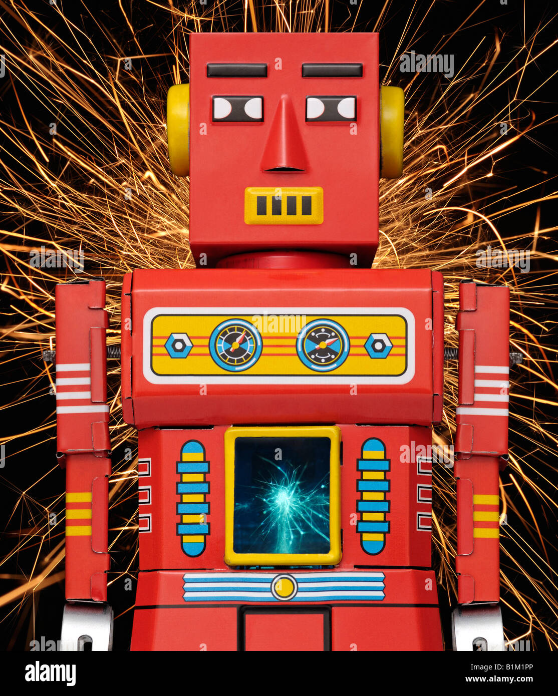Sparking Tin Robot A Retro Clockwork Toy from the 1960s Stock Photo
