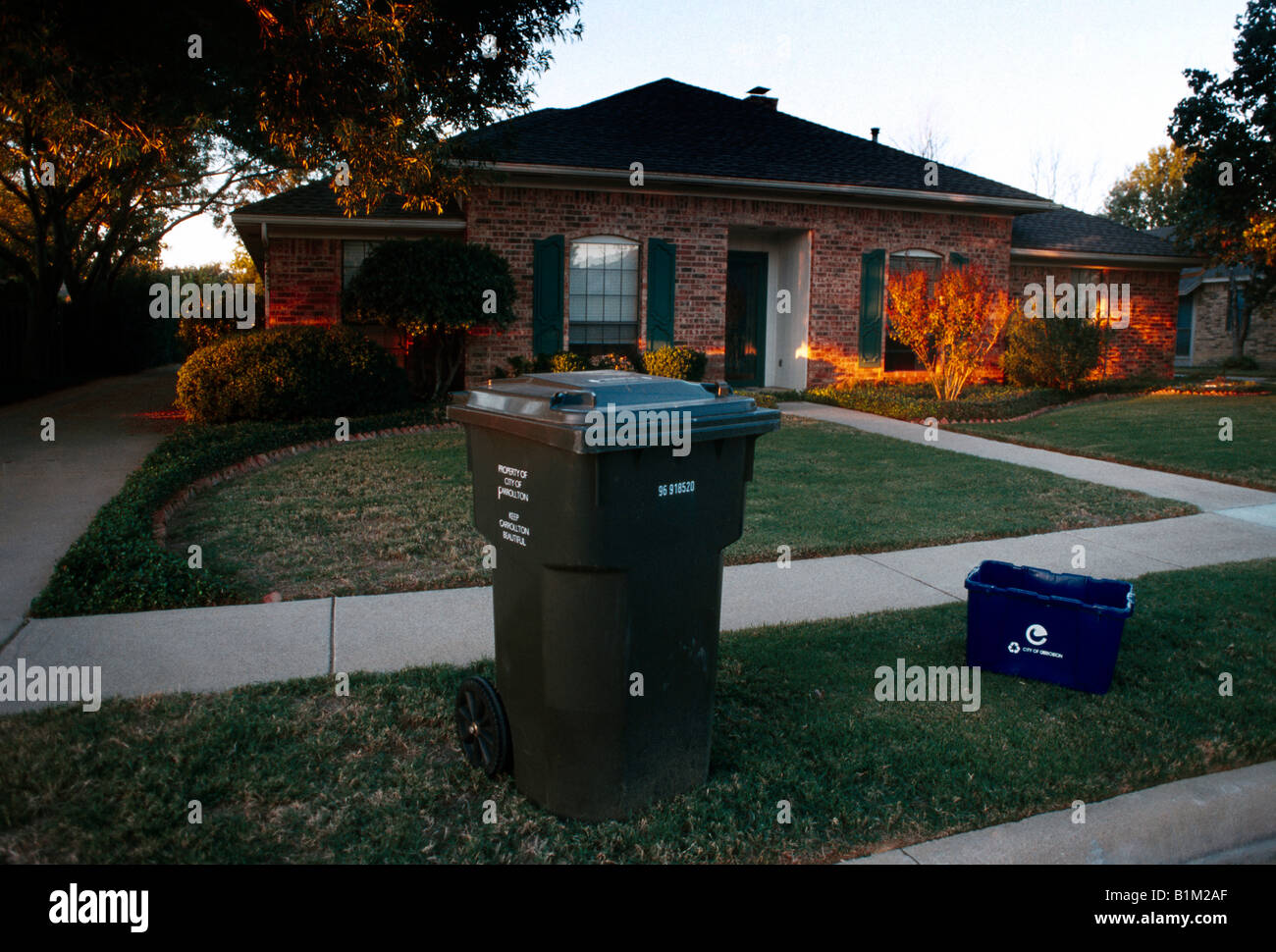 Carrollton Texas Usa Dallas Recycling Bin & Box Outside House Stock