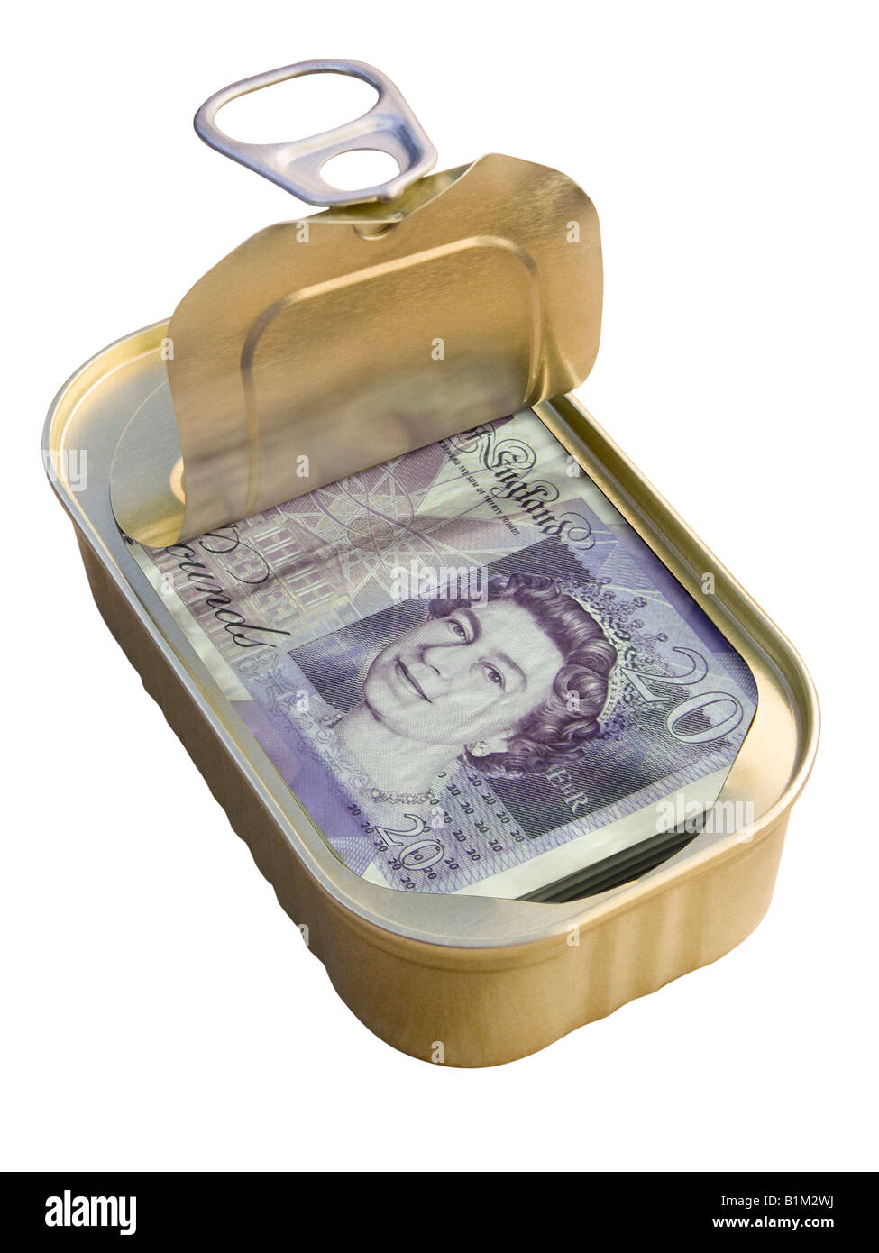 Ring Pull Tin containing £20 notes on white background Stock Photo