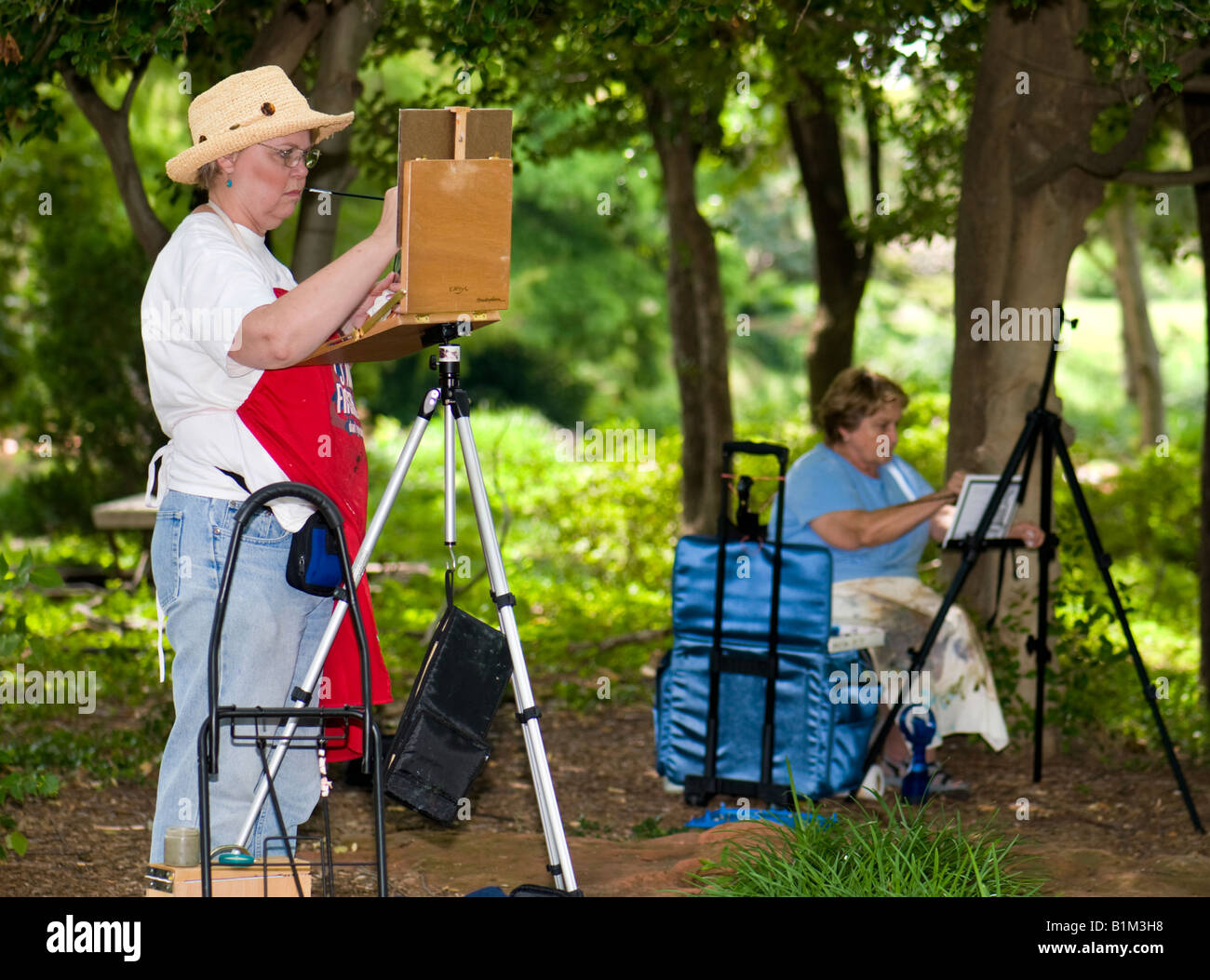 Two women aged 50-65 participate in a painting workshop at a park in Oklahoma City, Oklahoma, USA. Stock Photo