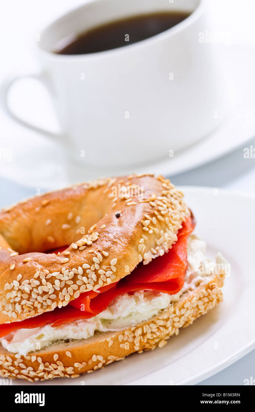 Light meal of smoked salmon bagel and coffee Stock Photo Alamy