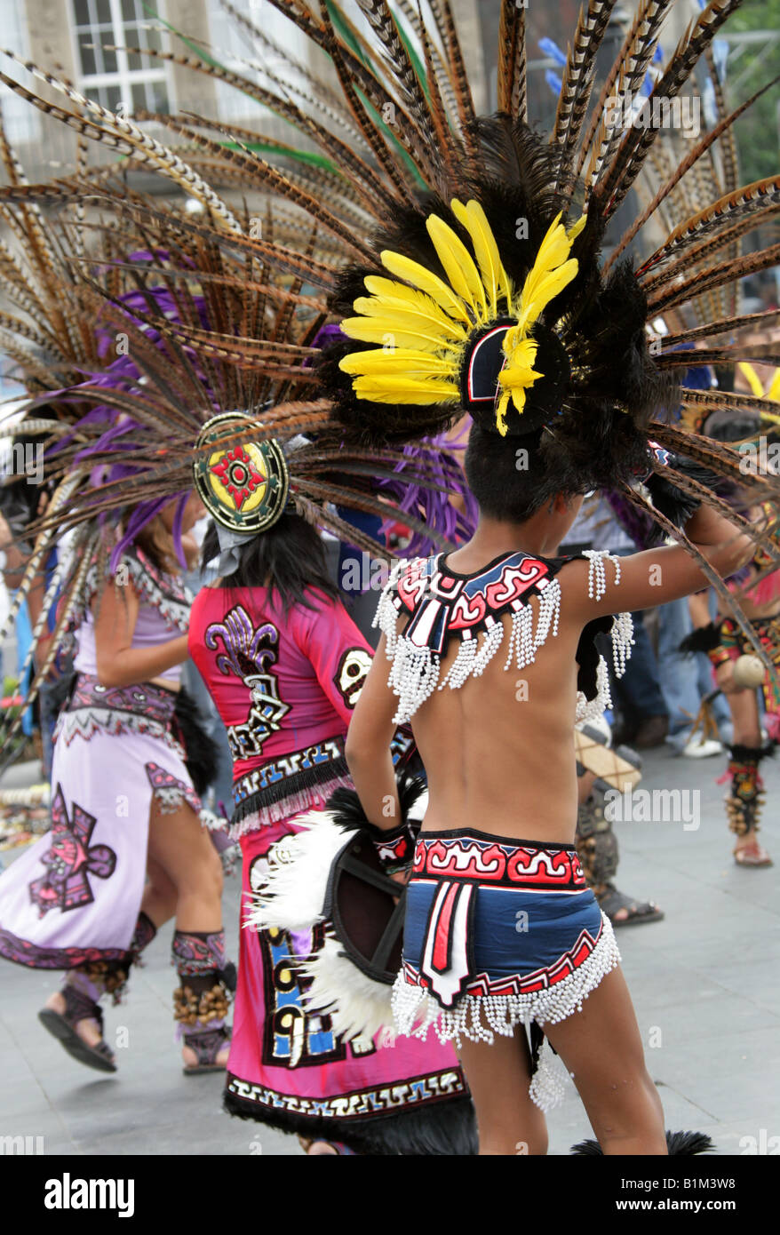 Mexican Dancers in Aztec Costume, Zocalo Square, Plaza de la Constitucion, Mexico City, Mexico Stock Photo