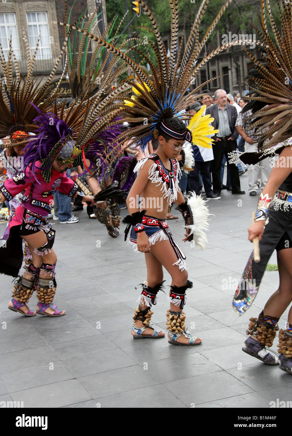 Young Mexican Dancers in Aztec Costume, Zocalo Square, Plaza de la Constitucion, Mexico City, Mexico Stock Photo