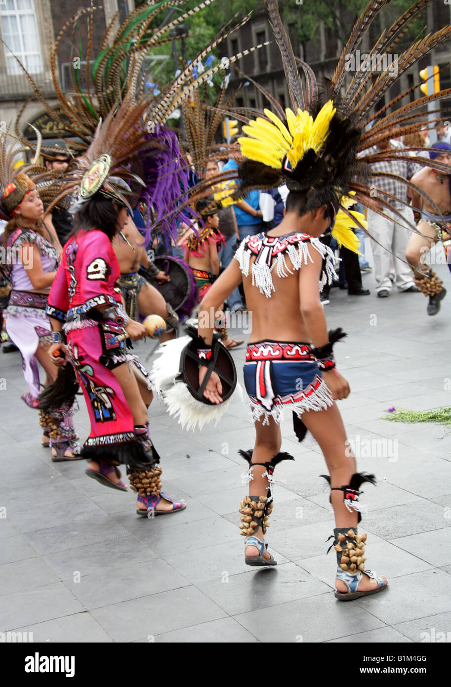 Young Mexican Dancers in Aztec Costume, Zocalo Square, Plaza de la Constitucion, Mexico City, Mexico Stock Photo