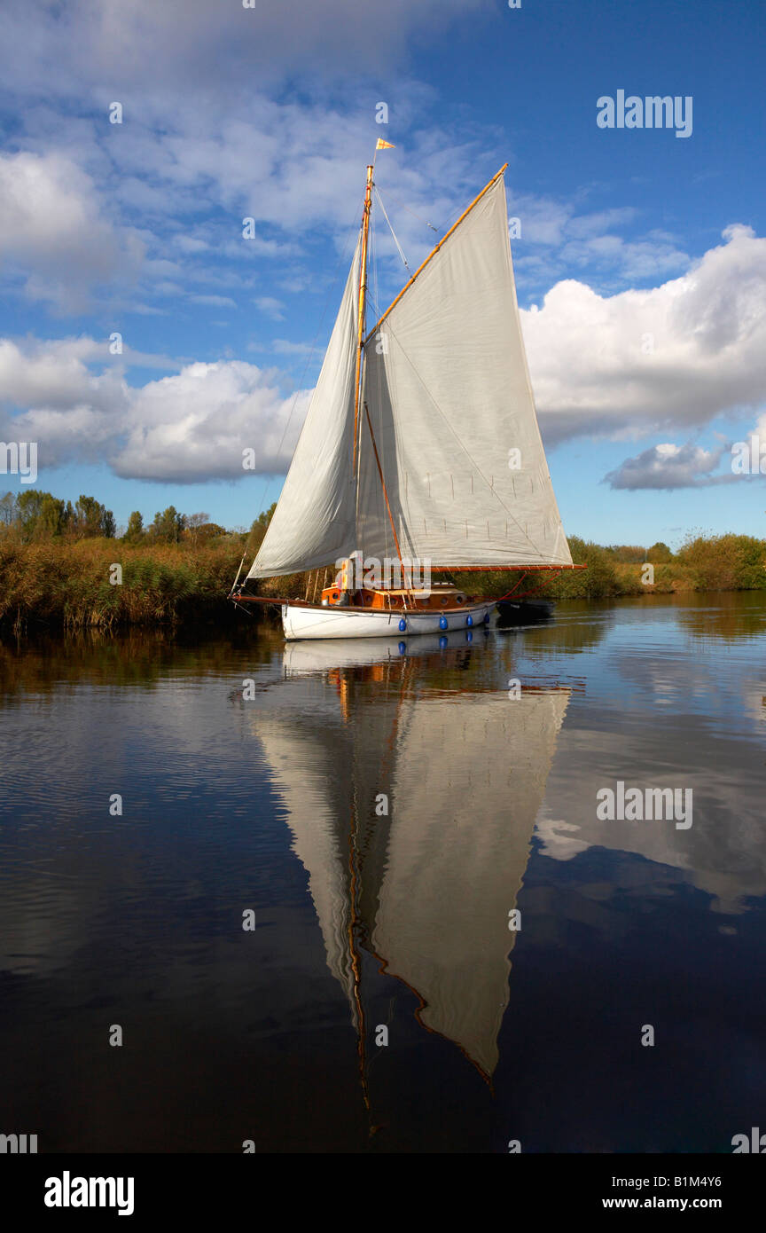Traditional wooden sailing pleasure boat on the Norfolk Broads, UK Stock Photo