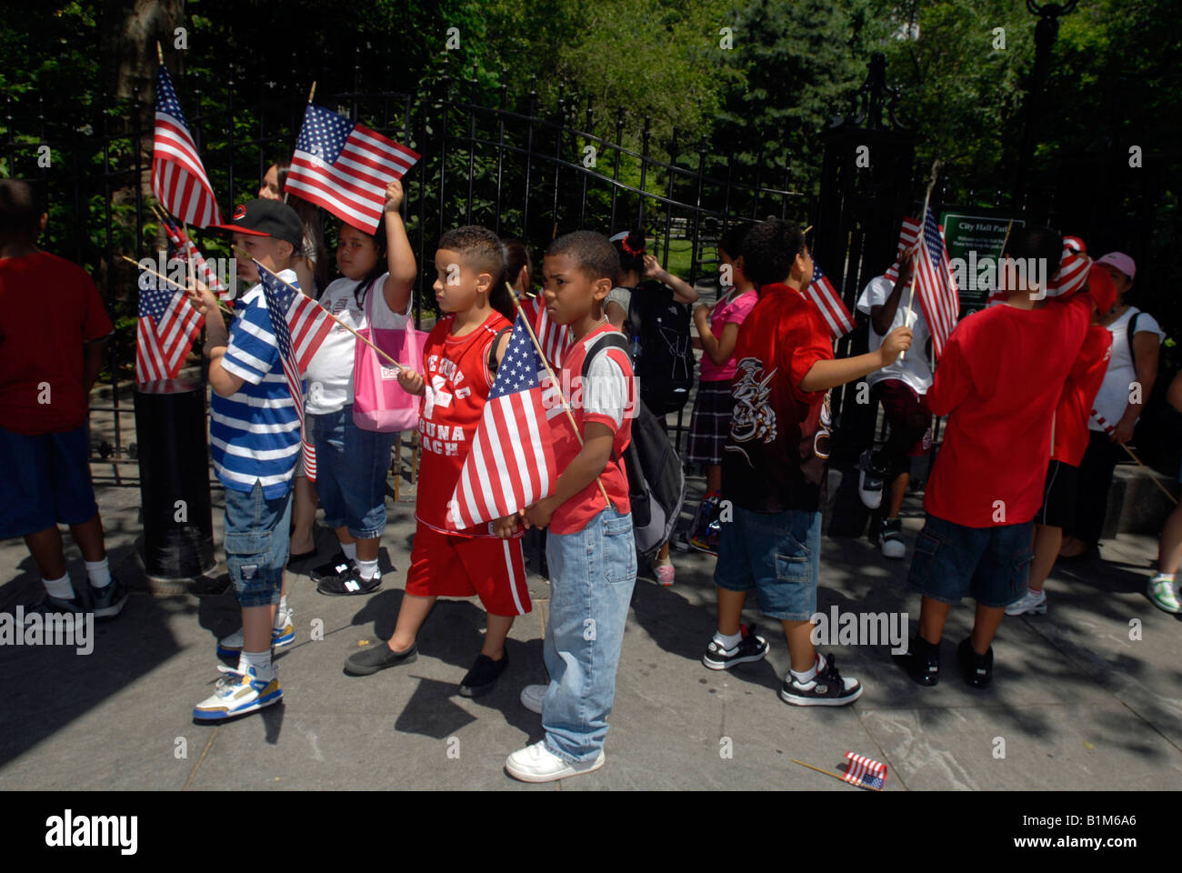 Students from New York schools march in the annual Flag Day Parade starting at New York City Hall Park Stock Photo
