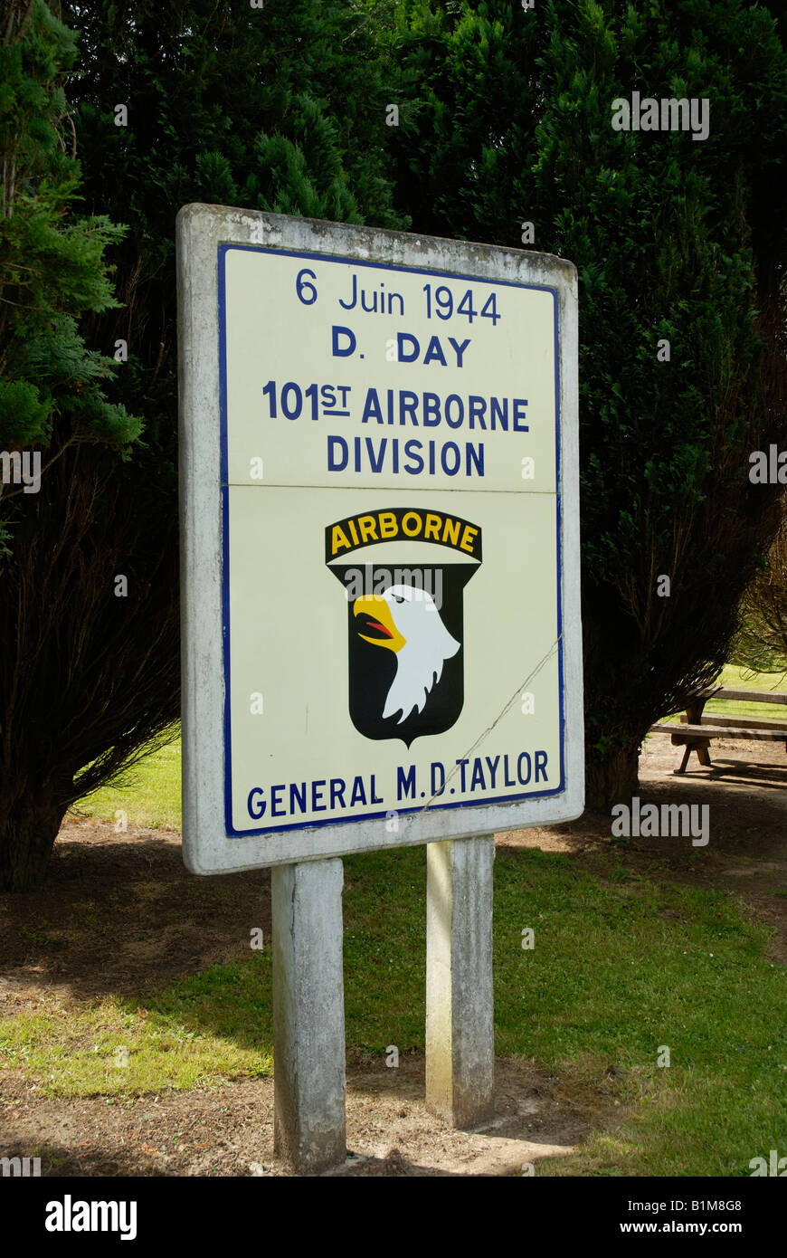 Sign erected in honour of the American 101st Airborne division who liberated Ste Mere Eglise on 6th June 1944. Stock Photo