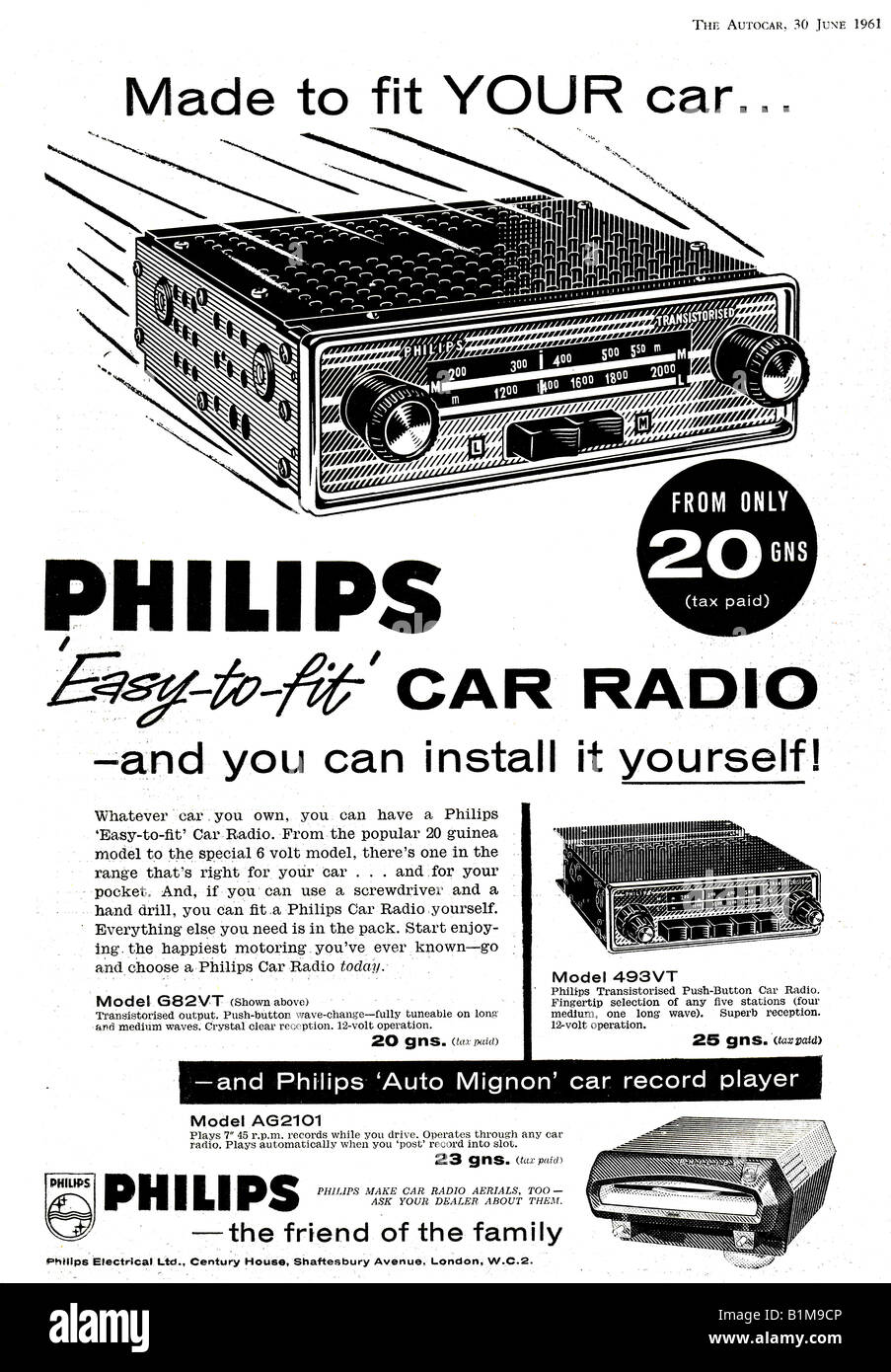 1961 UK Magazine Advertisement for a Philips Car Radio from 20 Guineas FOR EDITORIAL USE ONLY Stock Photo