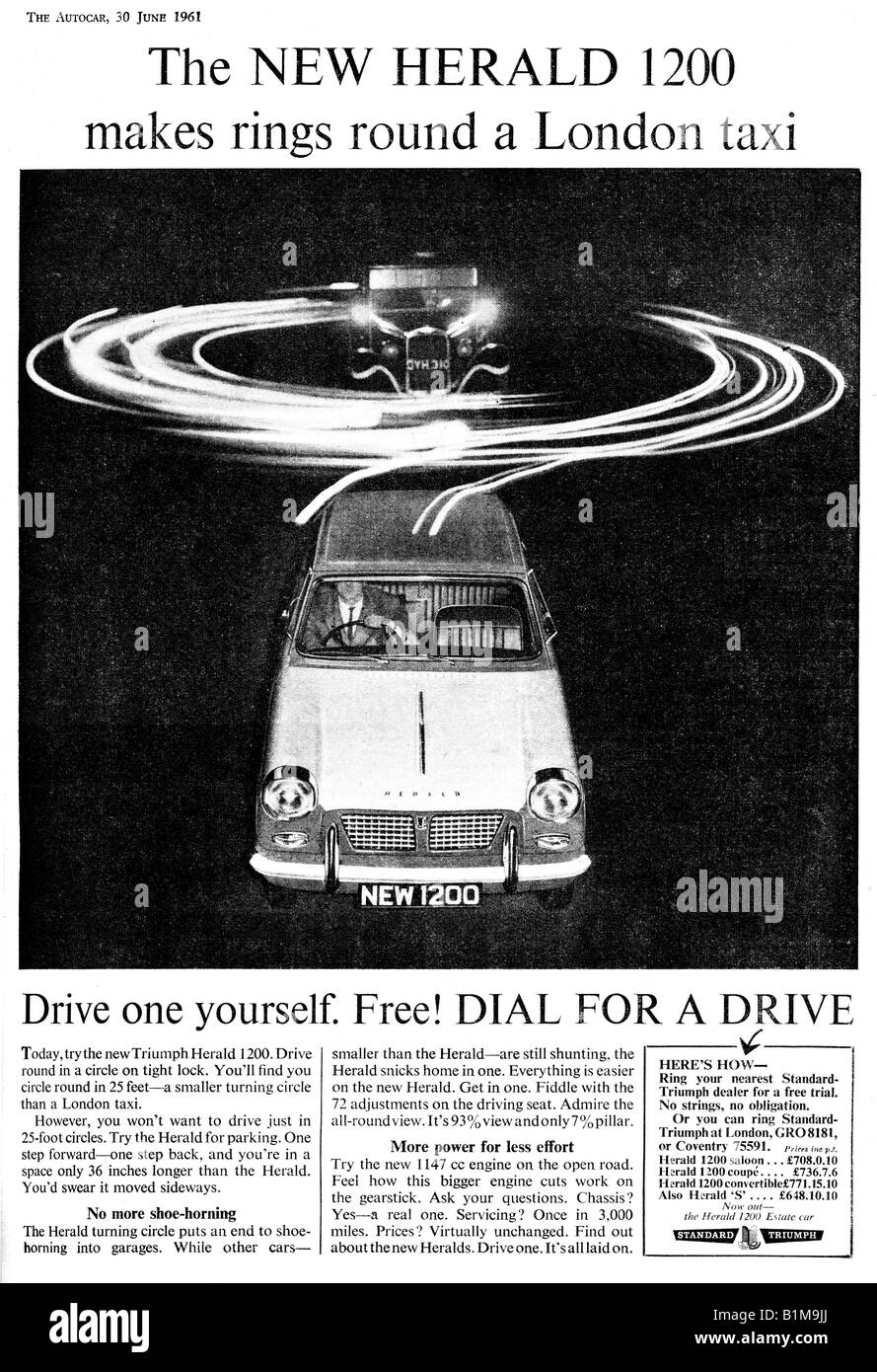 1961 UK Magazine Advertisement for the Triumph Herald 1200 Motor Car from Standard Triumph FOR EDITORIAL USE ONLY Stock Photo