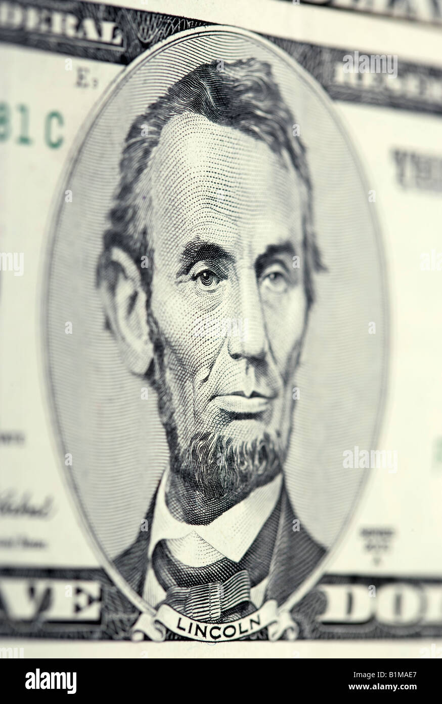 Portrait of Abraham Lincoln on the five dollar bill Stock Photo