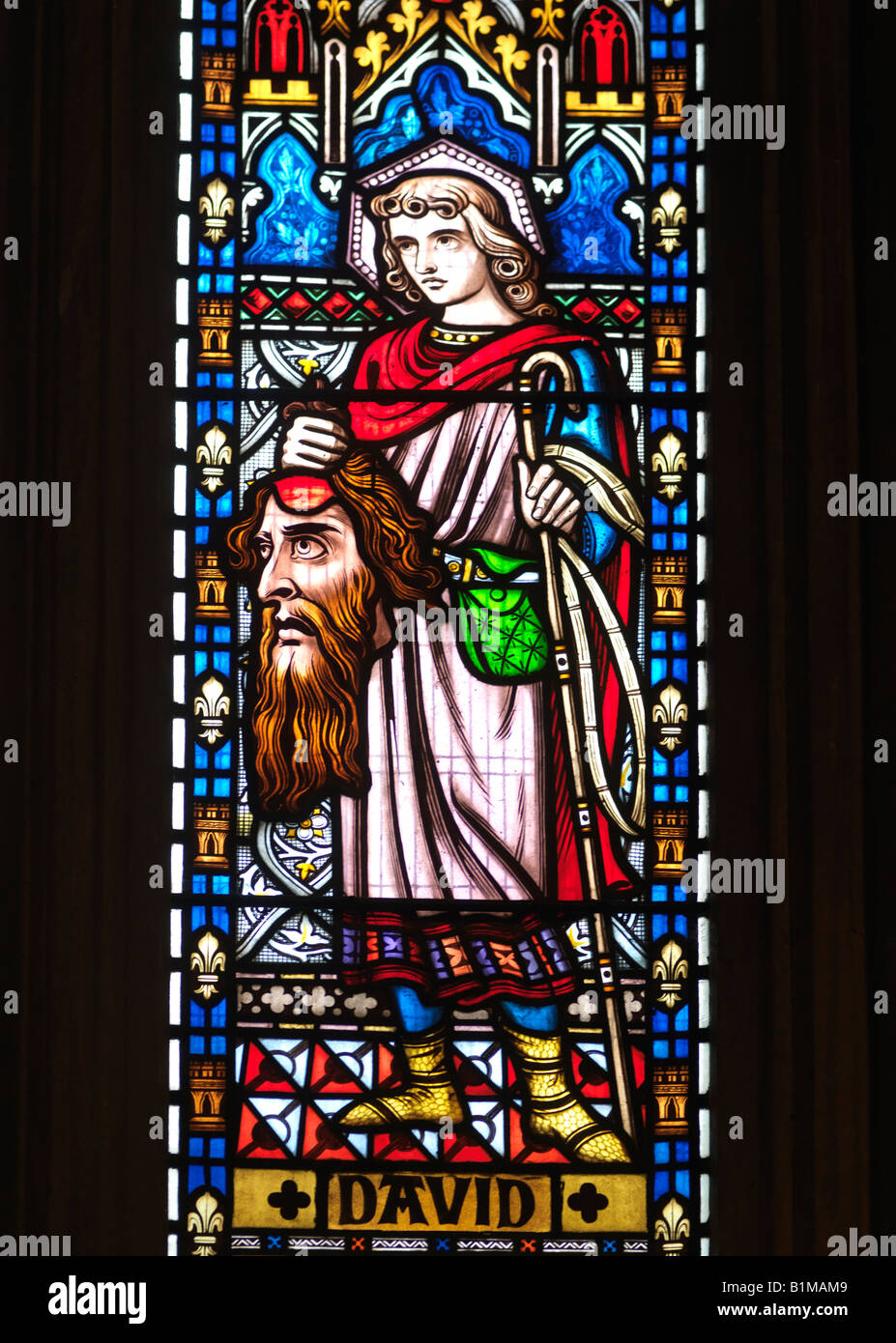Stained Glass Window of David Holding the Head of Golaith Saint Nicholas Church Great Bookham Surrey Stock Photo