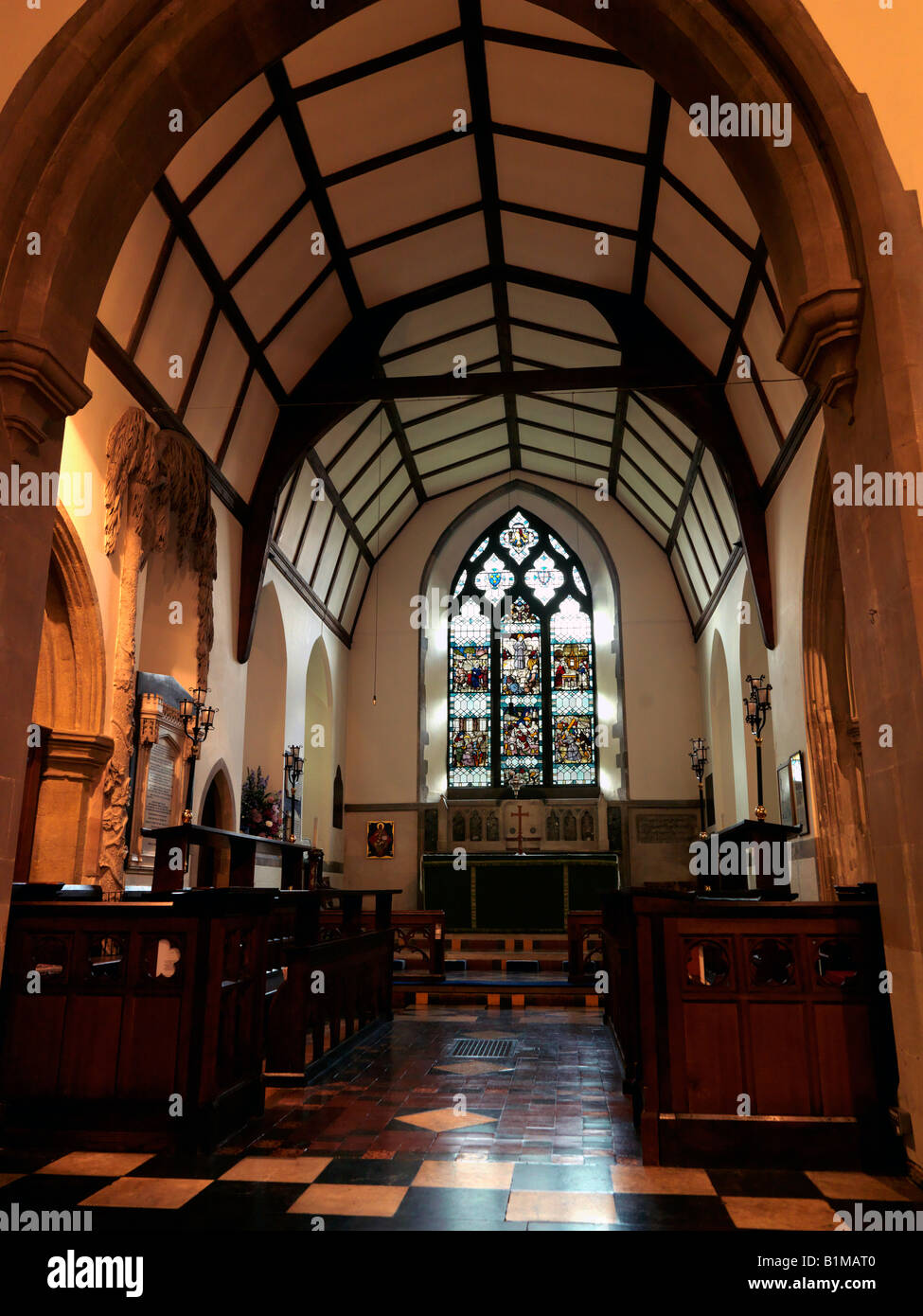 Altar and Interior Saint Nicholas Church Great Bookham Surrey Stock Photo