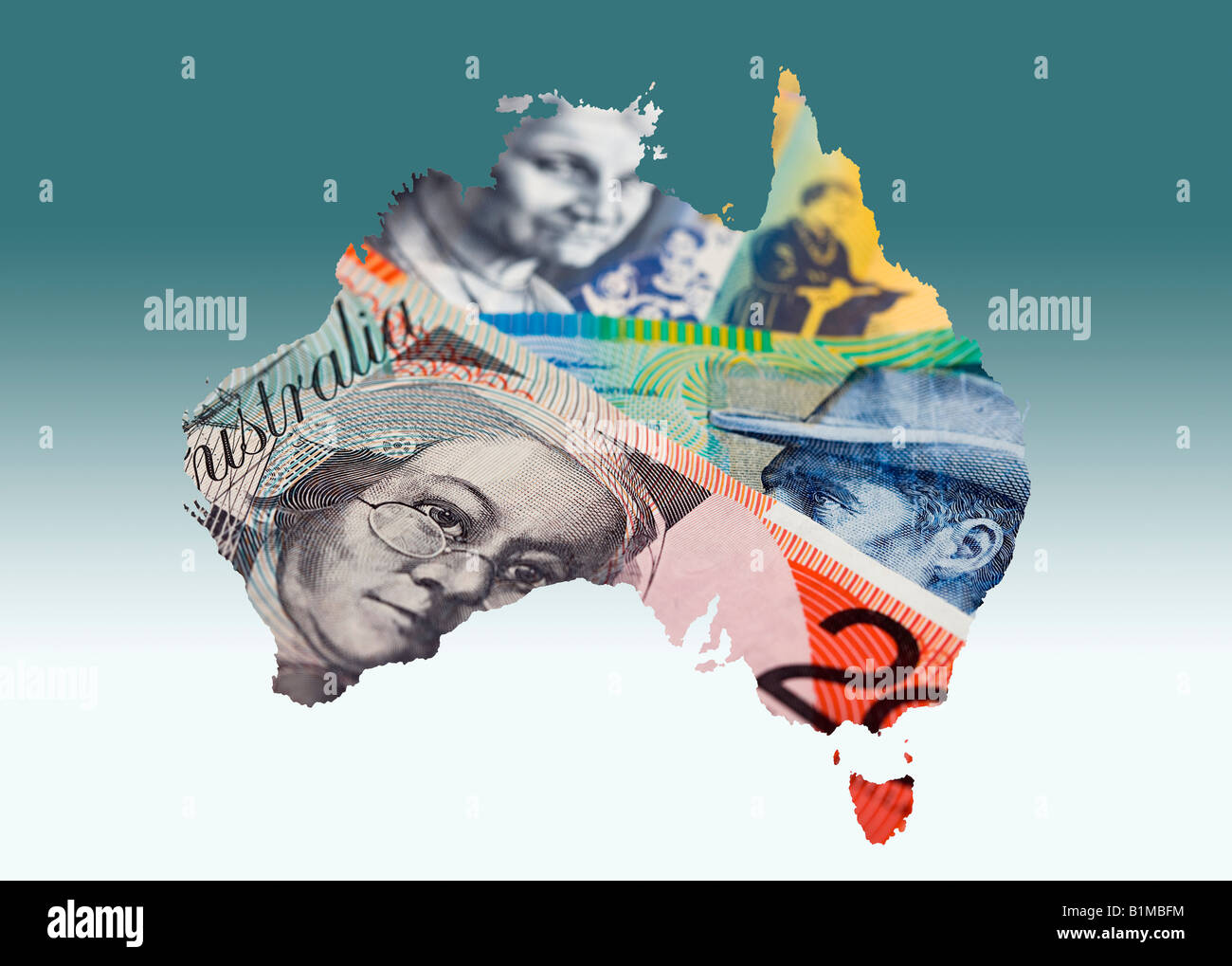 Montage of Australian currency on map of Australia Stock Photo Alamy