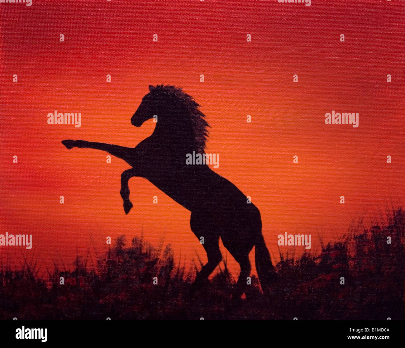 Artwork of a rearing horse silhouette on canvas Stock Photo