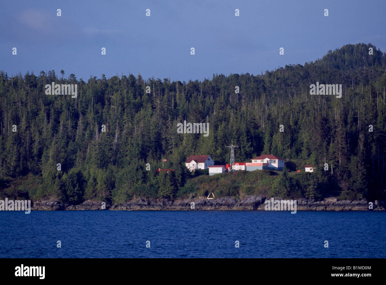 Addenbroke Island Lighthouse along Inside Passage / Discovery Coast Passage, West Coast, BC, British Columbia, Canada Stock Photo