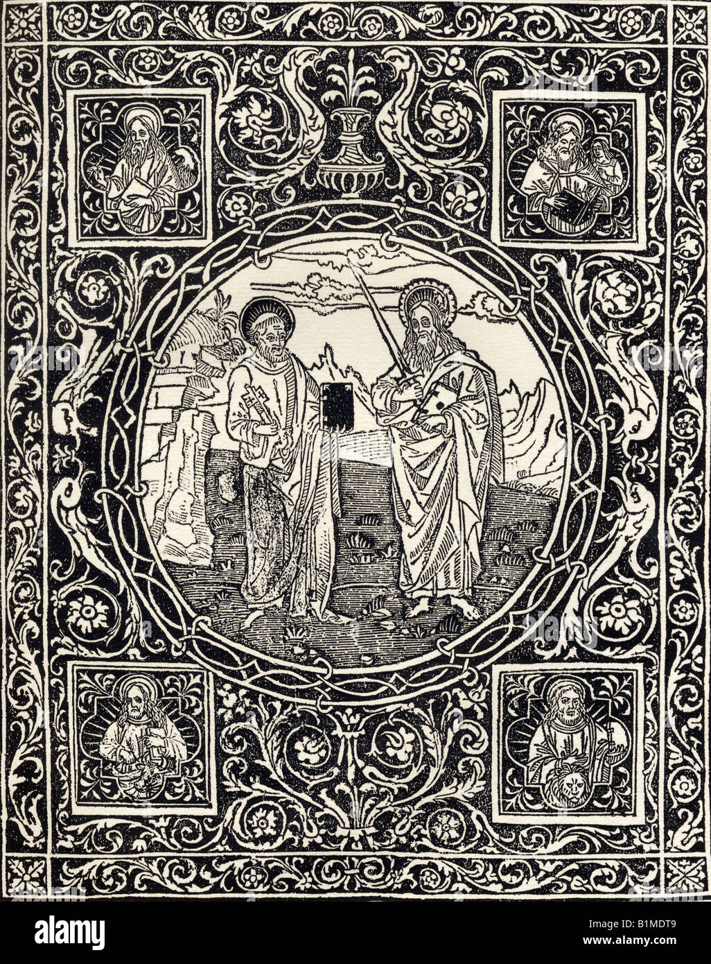 Facsimile of the title page of Arabesque design with full length figures of the saints Peter and Paul. Stock Photo