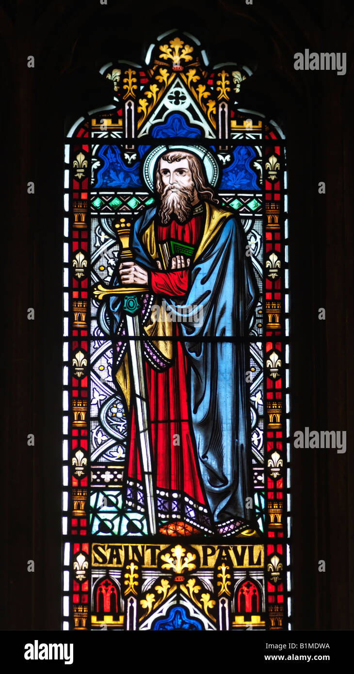 Saint Nicholas Church Great Bookham Surrey Stained Glass Window of St Paul Stock Photo